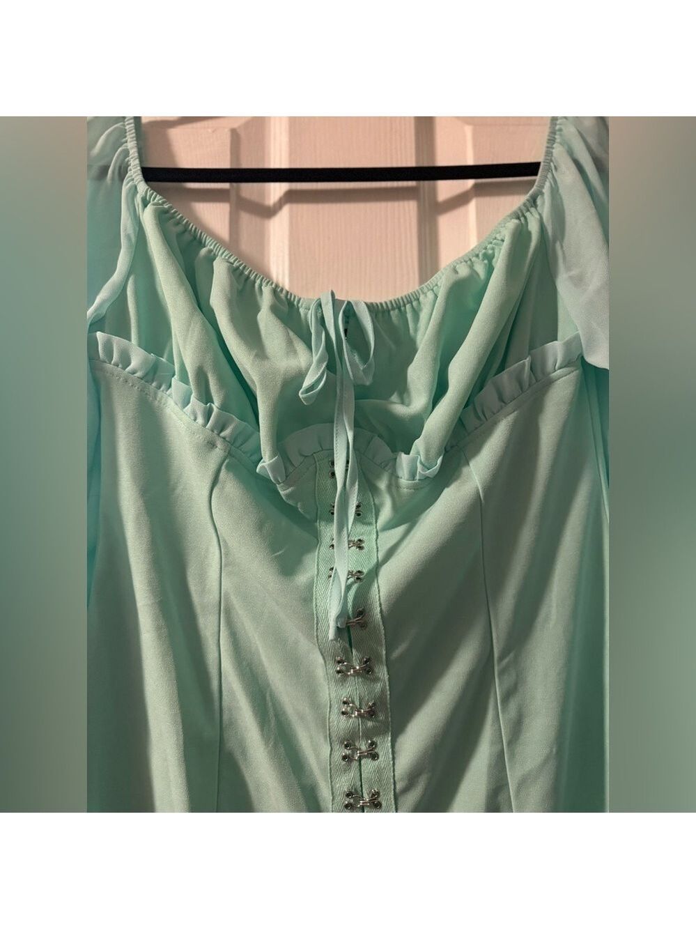 PRETTYLITTLETHING MINT CHIFFON SLEEVE HOOK & EYE BODYCON DRESS SIZE 12 MINI - Picture 5 of 6